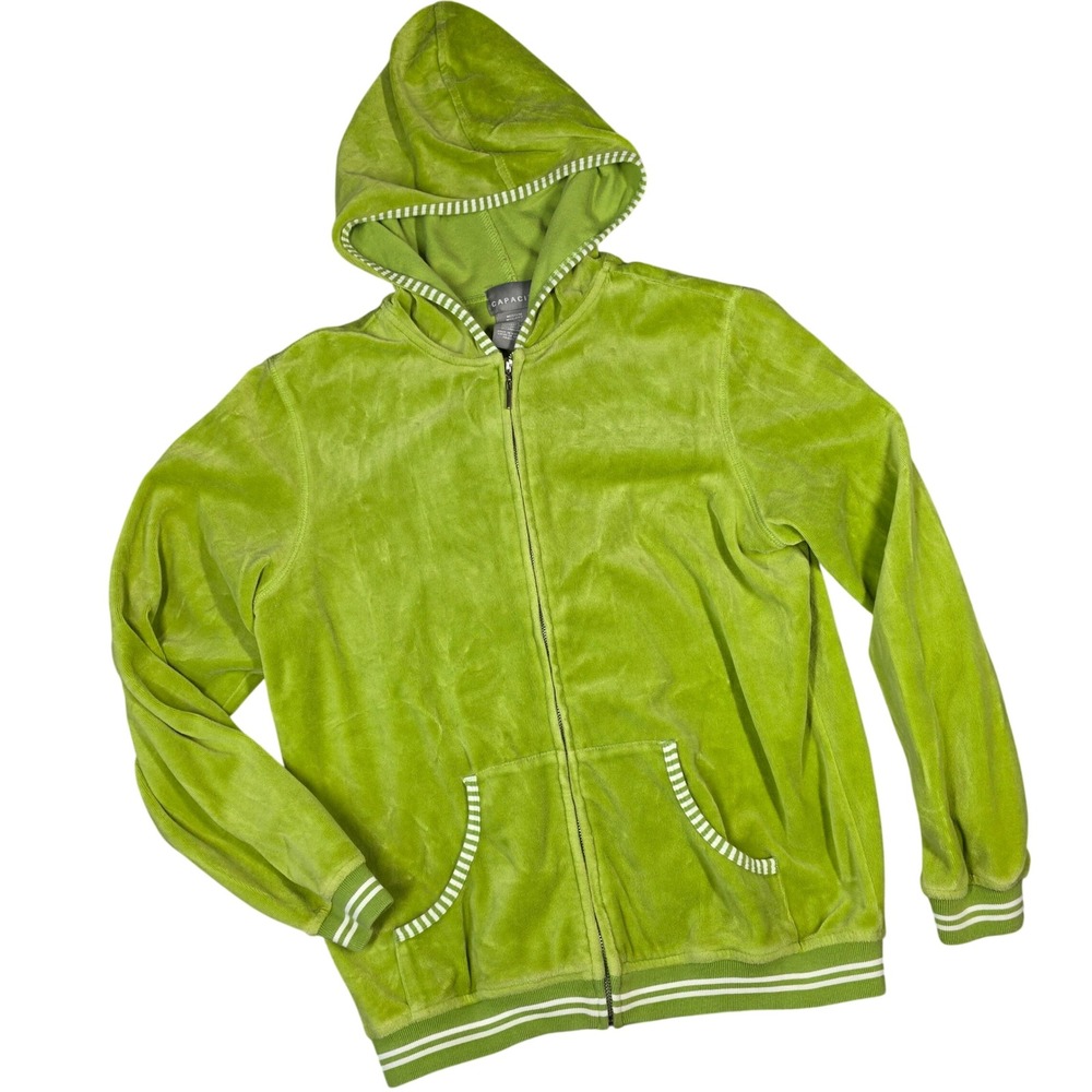 Capacity Velour Track Jacket Zip Up Hoodie Striped Lime Green Medium Y2K McBling